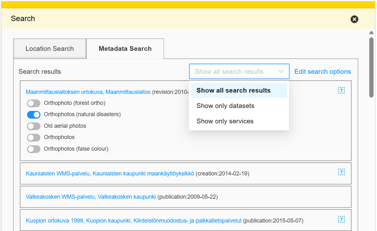 Search results returned by Metadata Search.