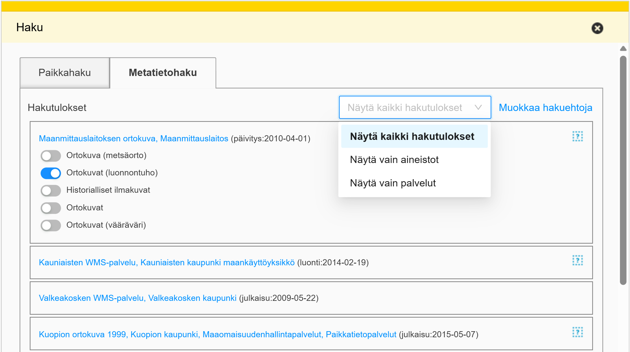 Metatietohaun tuottamat hakutulokset.