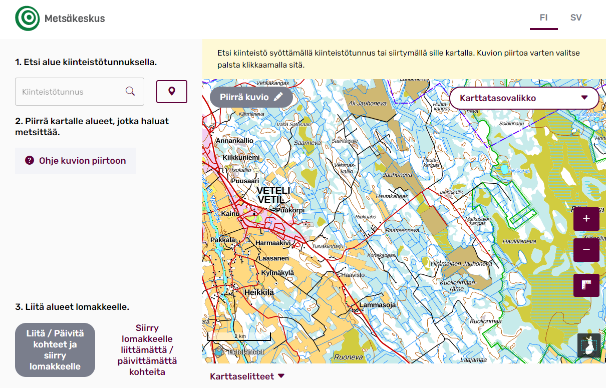 Kuvateksti: Suomi.fi-kartat-palvelulla toteutettu karttatoiminnallisuus Metsäkeskuksen metsitystukien hakupalvelussa. Kuvakaappaus Suomen metsäkeskuksen palvelusta.