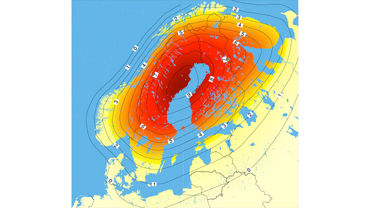 Kuvassa Skandinavian maannousu esitettynä. Maa kohoaa Vaasan alueella n. 10 cm kymmenessä vuodessa.