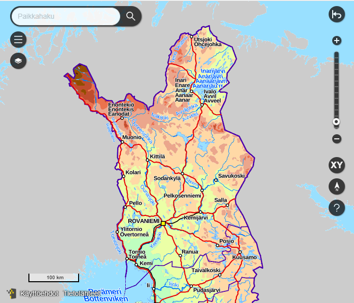 Työkalujen oletusarvoinen asettelu karttajulkaisussa.