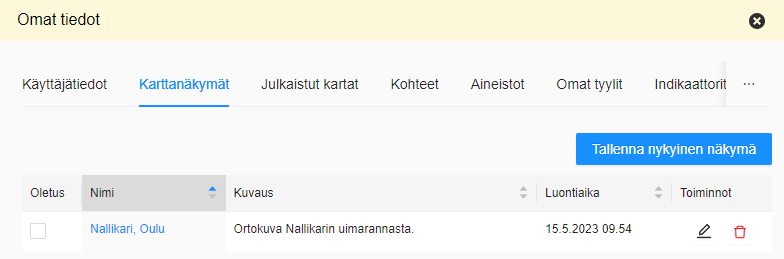 Tallennettu karttanäkymä "Omat tiedot" -valikossa.