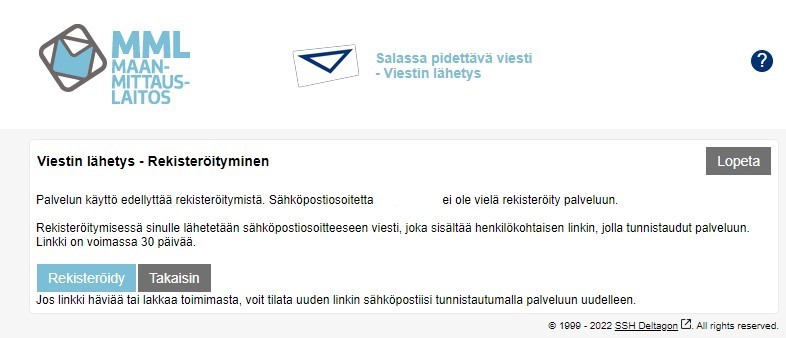 Kuvakaappauksessa näkyy Turvaviesti-palvelun rekisteröitymisikkuna, jossa klikataan painikkeesta Rekisteröidy.