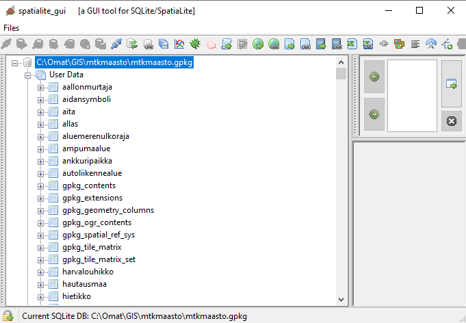 Spatialite-ohjelman käyttöliittymä