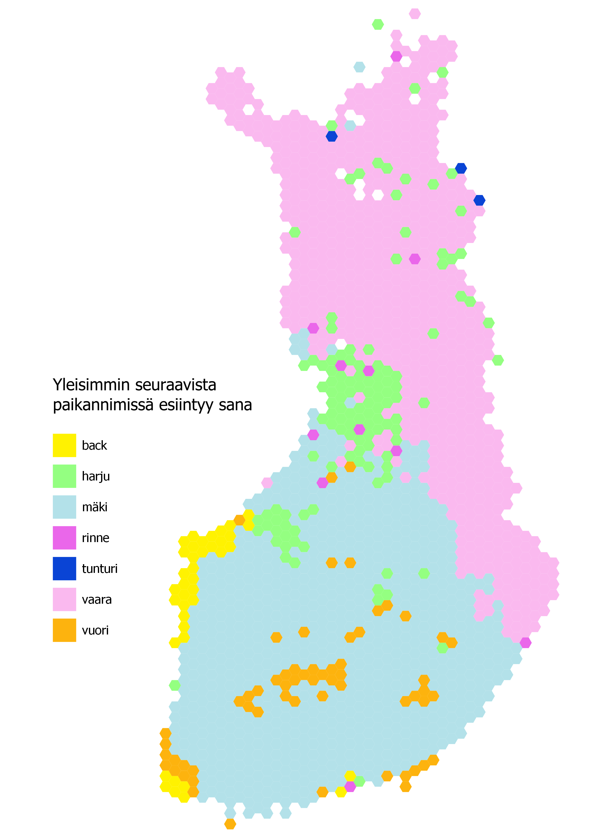 "Kartta, joka esittää mikä on yleisim paikannimessä esiintyvä sana eri puolilla Suomea."