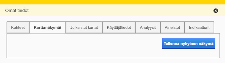 Tallennettu karttanäkymä Omat tiedot -valikossa