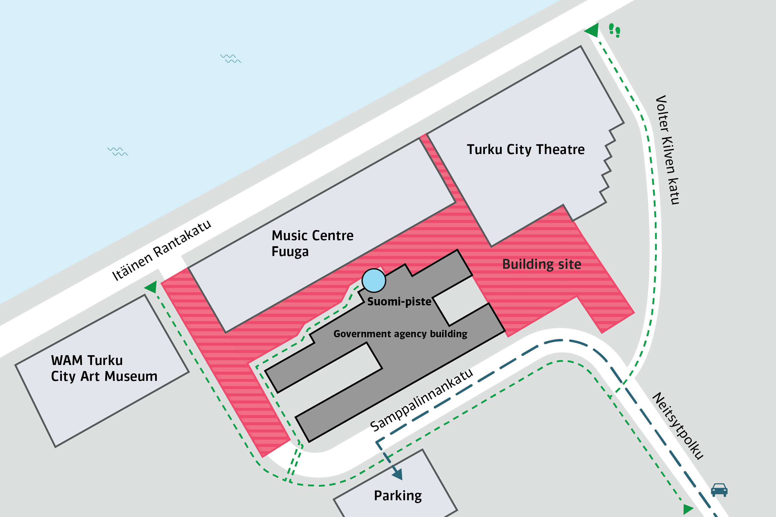 A map showing the entrance to the Suomi-piste service point in Turku.