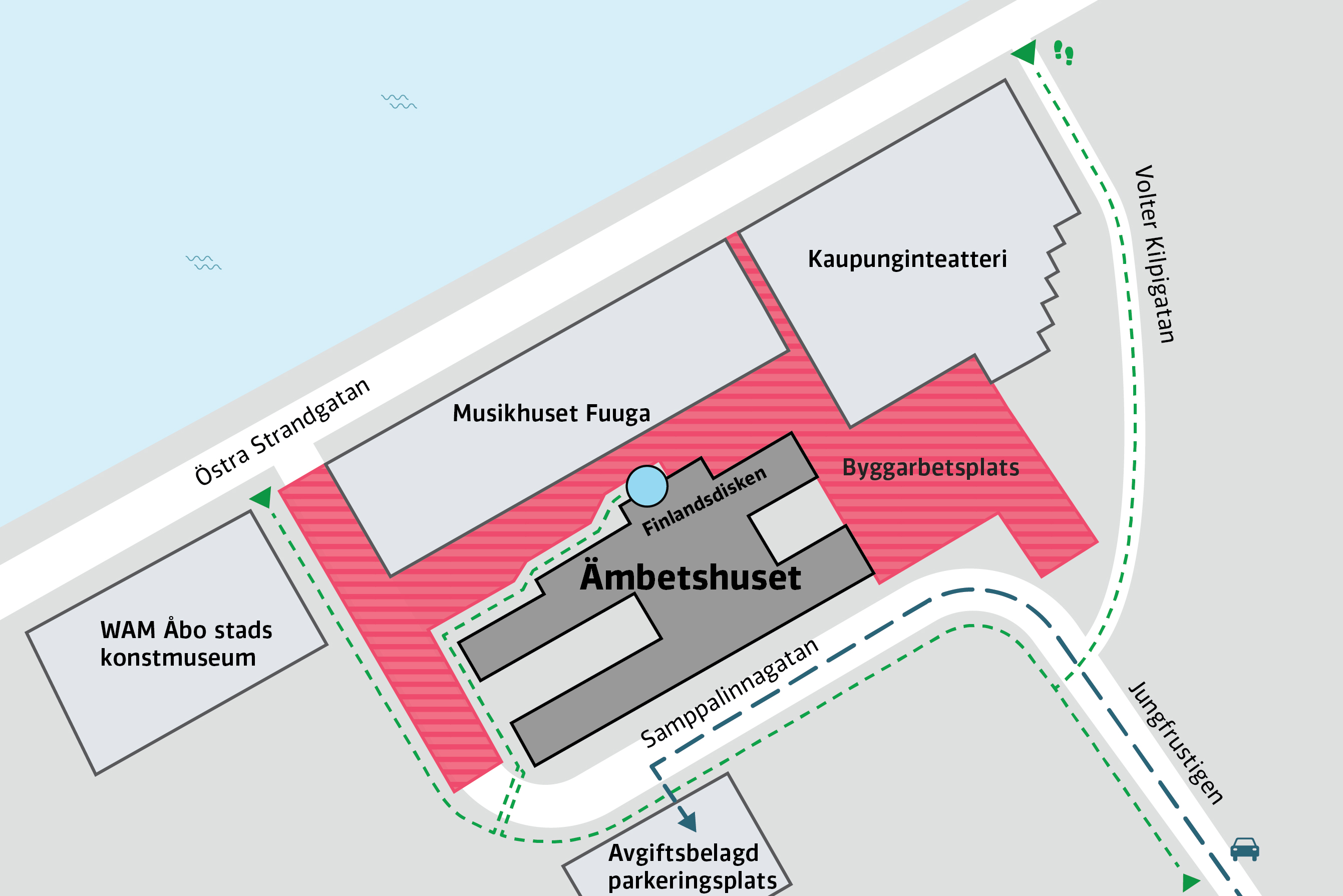En karta som visar ingången till Finlandsdisken i Åbo.