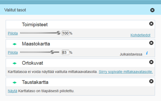 Suomi.fi-kartat-palvelun valikon tasot