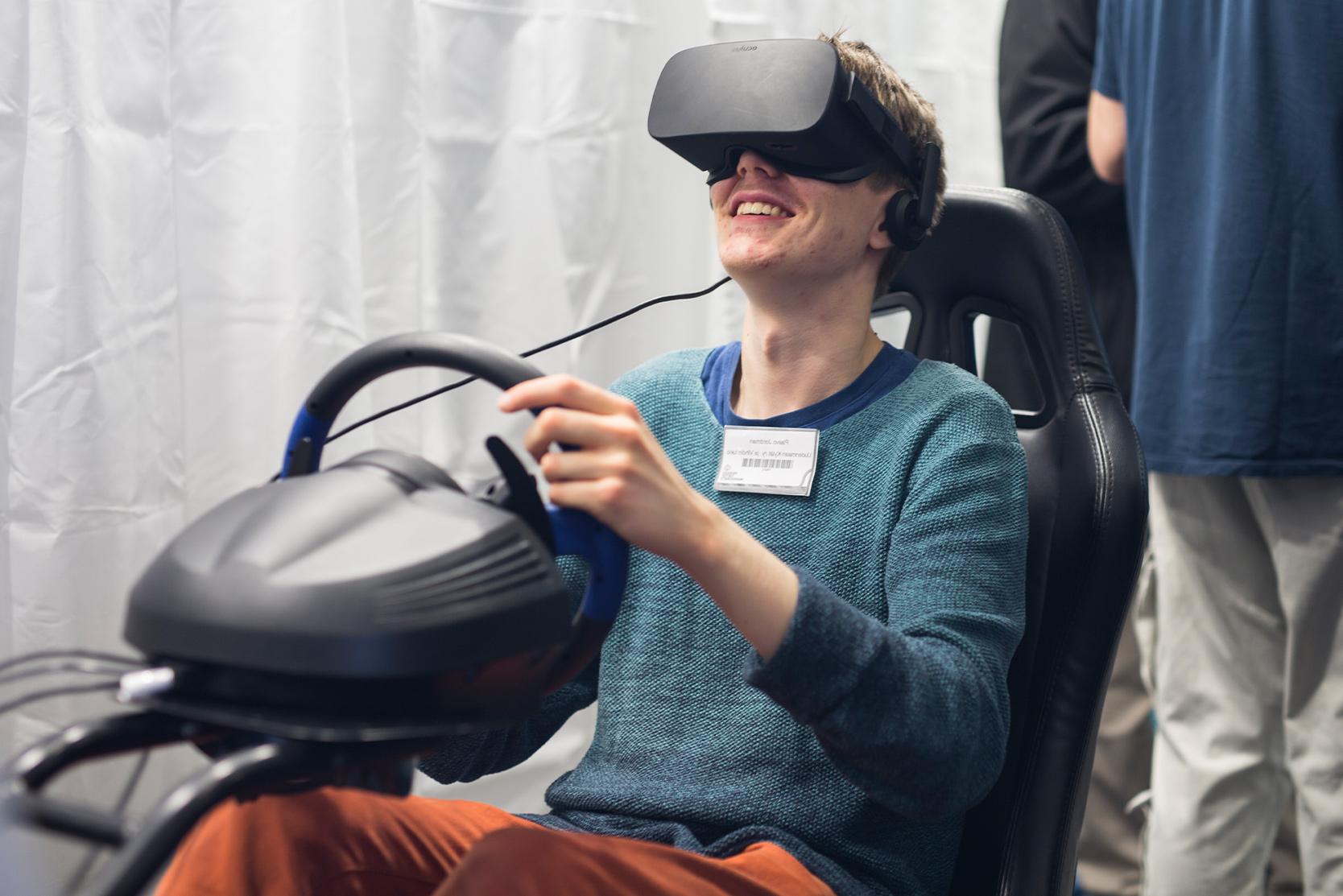 A person wearing virtual reality headset.