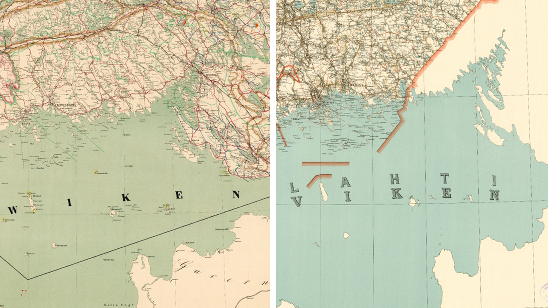 Kuvassa näkyy rinnakkain kaksi vanhaa karttaa, toinen vuodelta 1864 ja toinen vuodelta 1951.