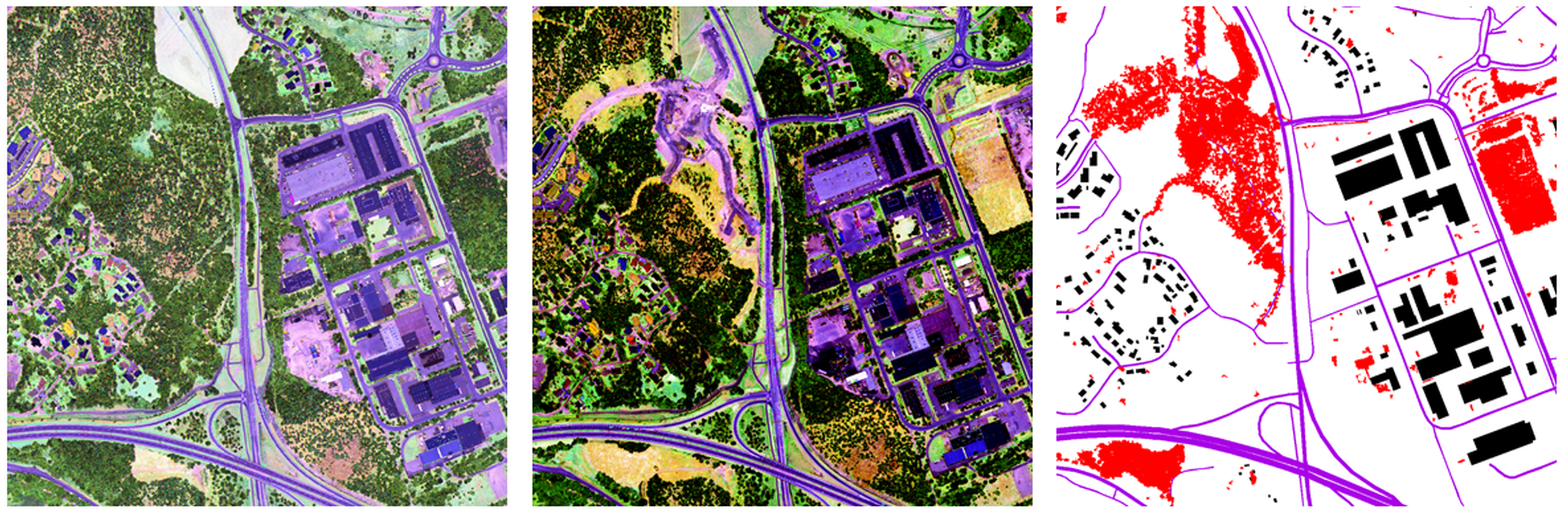 Intensity images from Optech Titan airborne laser scanner data from two dates and automatically detected changes presented in red colour with map data.