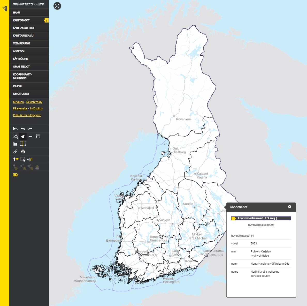 Hyvinvointialueet 2023 Paikkatietoikkunassa