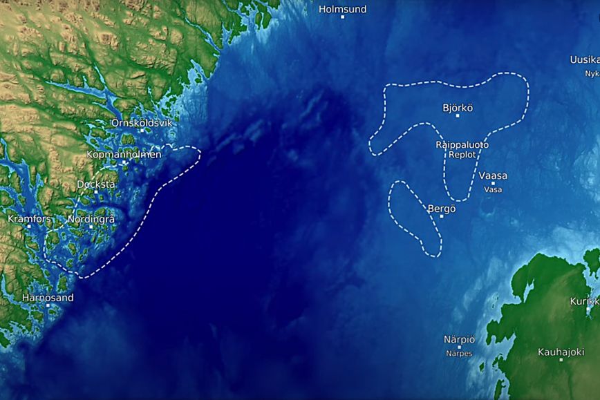 The Kvarken region 7,100 years ago. The area around Vaasa is covered by water.