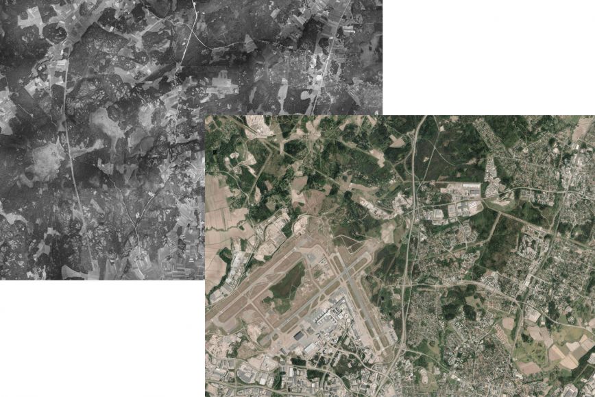 Helsinkivantaan lentoaseman ilmakuva vuodelta 1932 ja 2020