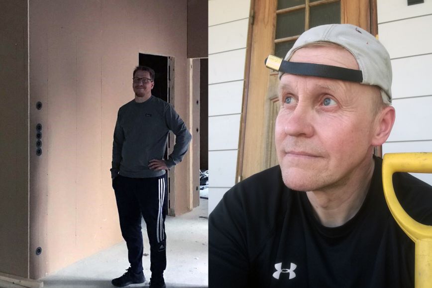 Pekka Luokkala ja Jaakko Uusitalo talonrakennustöissä