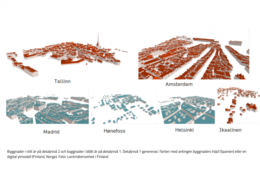 Byggnader i rött är på detaljnivå 2 och byggnader i blått är på detaljnivå 1. Detaljnivå 1 genereras i farten med antingen byggnaders höjd (Spanien) eller en digital ytmodell (Finland, Norge). 