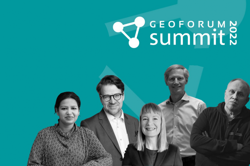 GeoForum Summitin Keynote-puhujat: Ananya Narain, Ville Niinistö, Eeva Primmer, Carl Reed ja Martti J. Kari.