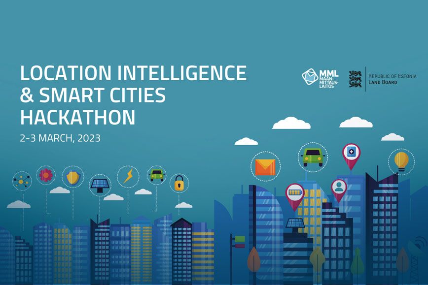 illustration with apartment buildings and spatial data symbols