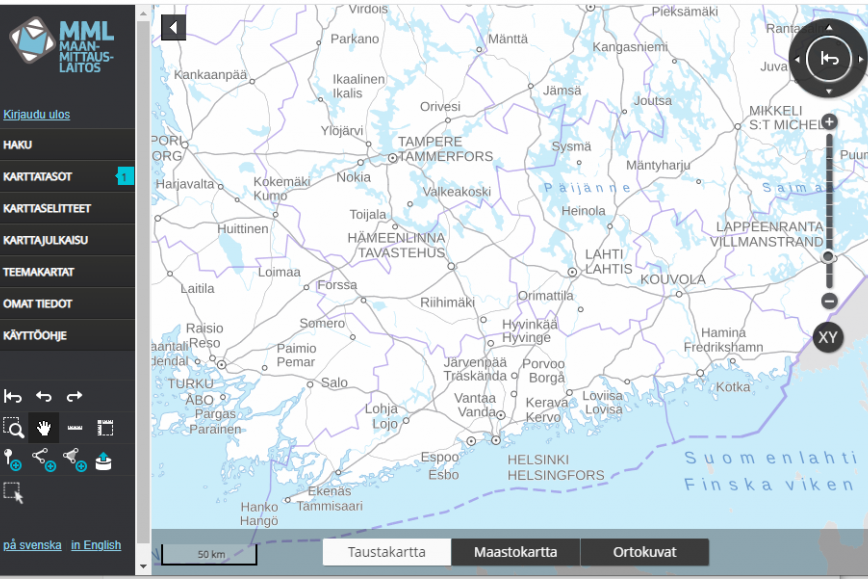 Kuvassa on Suomi.fi-kartat -palvelun käyttöliittymä