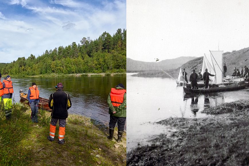 Vasemmassa kuvassa neljä henkilöä on Tenojoen rannalla. Oikeassa kuvassa iso joukko ihmisiä on veneen luona rannalla.