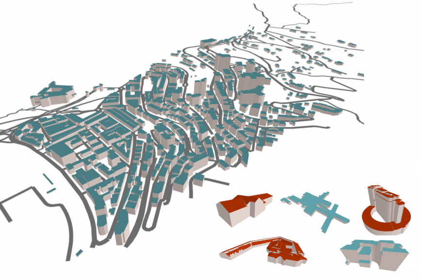 Visualisations from the Location Europe platform: various buildings and roads.