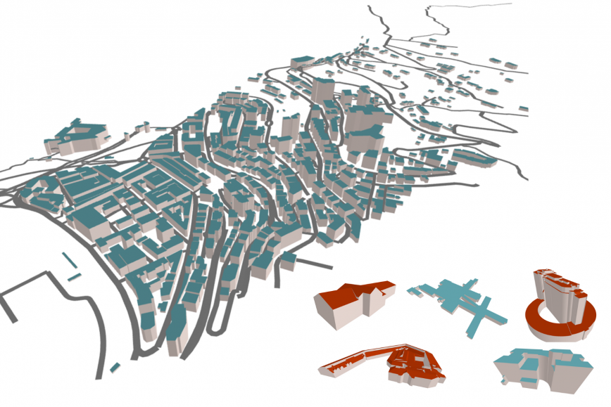 Visualiseringar från plattformen Location Europe: olika byggnader och vägar.