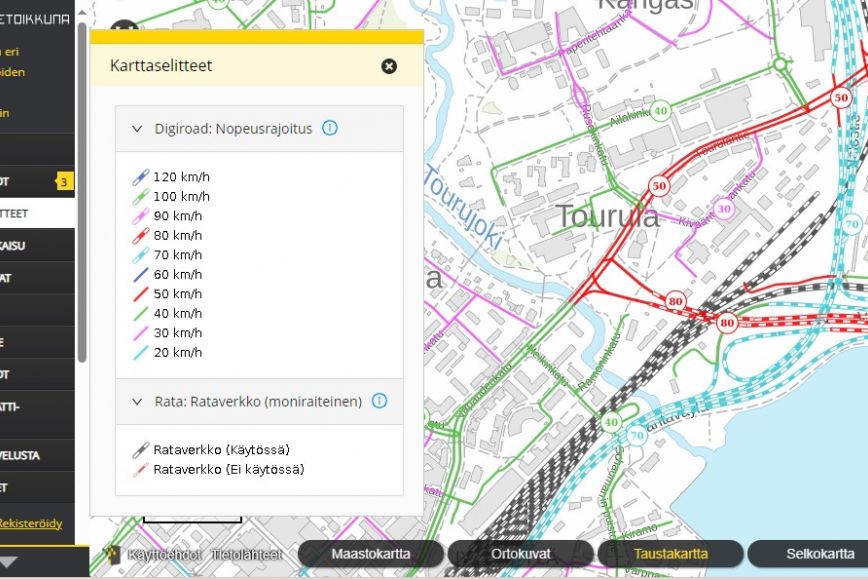  Väyläviraston karttatasoja Paikkatietoikkunassa