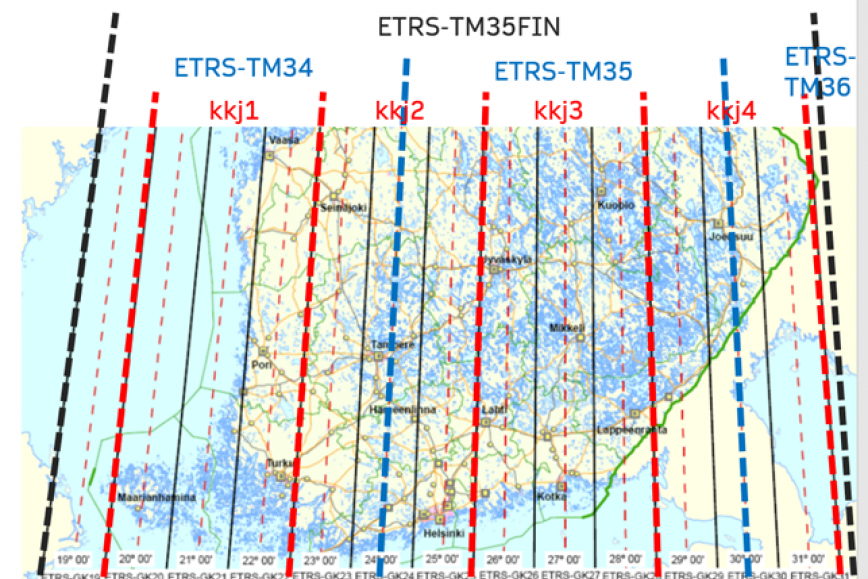 EUREF-FIN-koordinaattijärjestelmiä ja KKJ-kaistat.