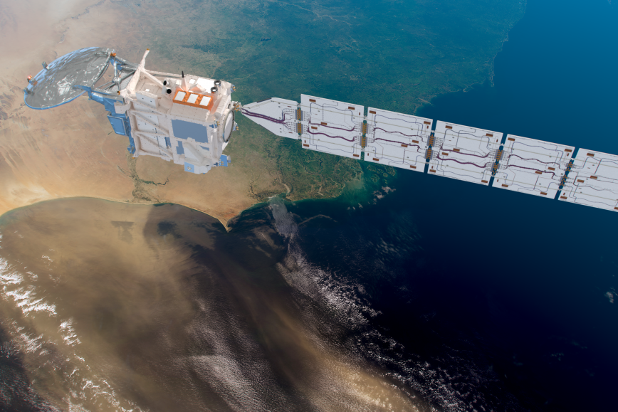Illustration of EarthCARE satellite above desert