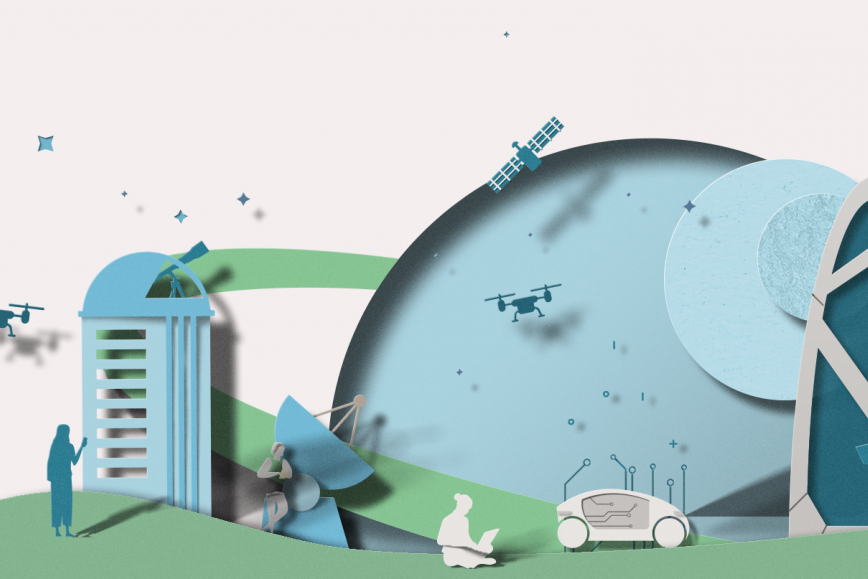Kuvituskuva drooneista, satelliiteista ja ihmisistä
