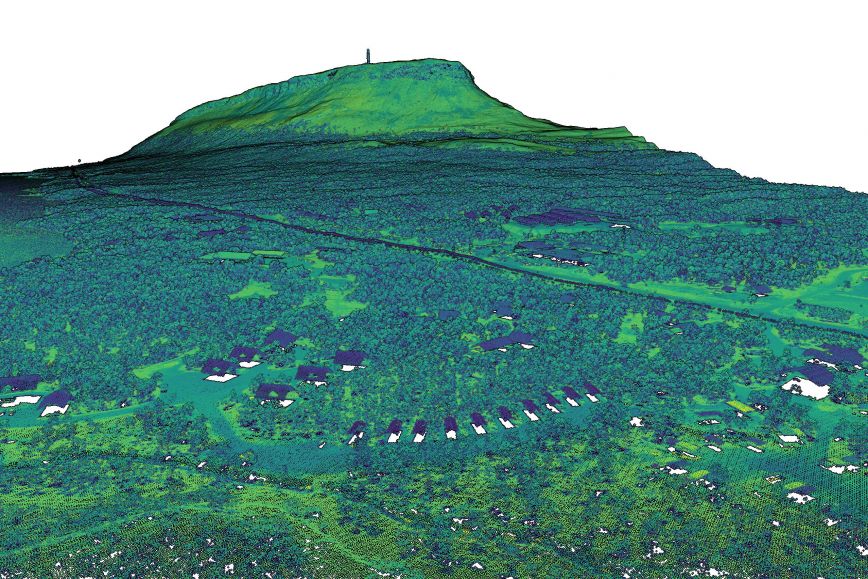 Lantmäteriverkets datamaterial som laserskannats i Enontekis. I bakgrunden syns Saana fjäll.
