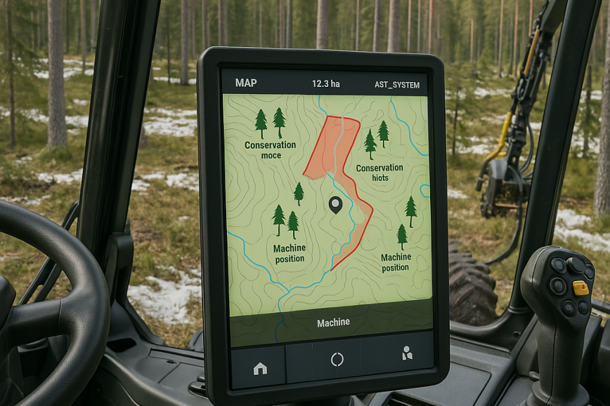 metsäkoneen ohjaamo ja näyttöruutu