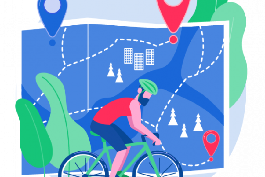 piirretty kuva pyöräilijästä ja kartasta