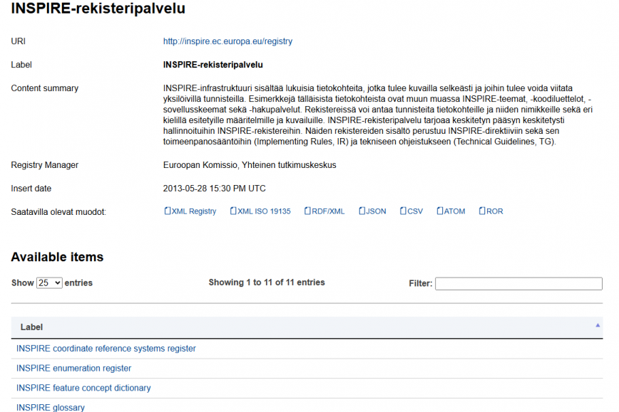 Kuva INSPIRE-rekisteripalvelusta