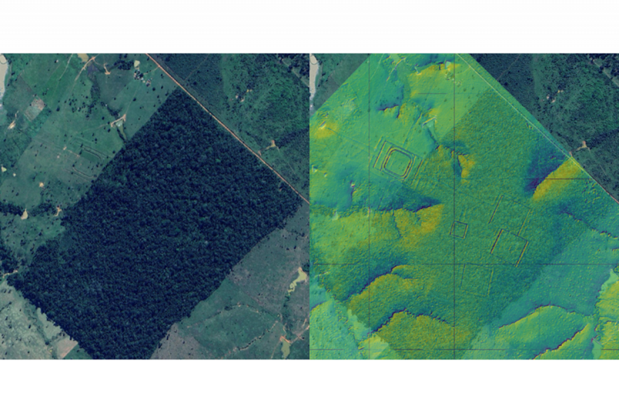 Vänster: En geoglyf synlig på satellitbilden i en röjd skogsglänta. Höger: Geoglyfer som framträder i en lutningsskuggad ytmodell framställd från ett laserpunktsmoln från samma område.