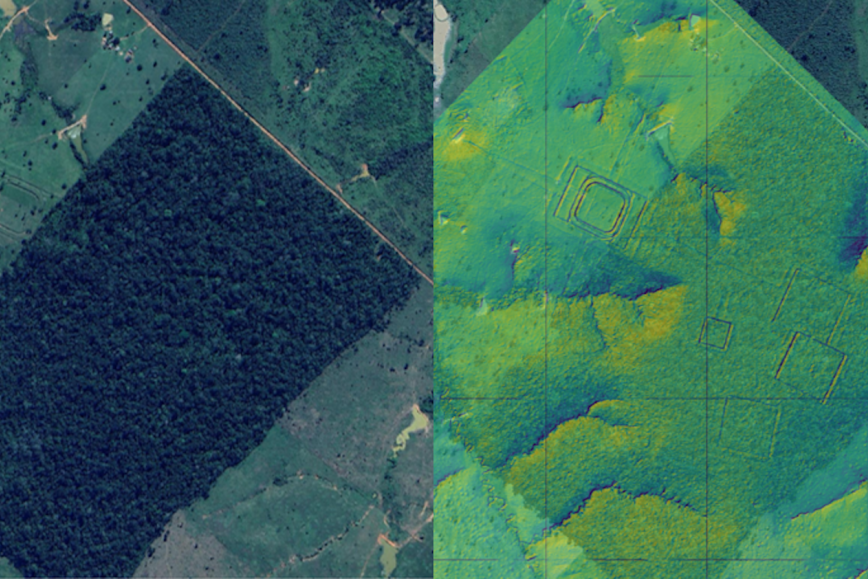 Vasen: Satelliittikuvasta näkyvä geoglyfi raivatulla metsäaukealla. Oikea: Laserpistepilvestä tuotetusta rinnevarjostepintamallista erottuvat geoglyfit samalta alueelta.
