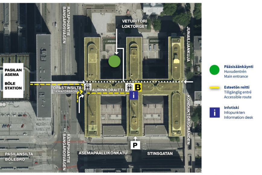 Ingång till servicestället sker via Loktorget.