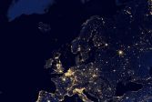 A satellite photo of Europe during a night.