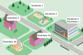 Grafiikka, johon on kuvattu tontteja ja alueita osoitteineen.