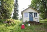 A sauna cabin surronded by big trees.