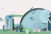 Kuvituskuva drooneista, satelliiteista ja ihmisistä
