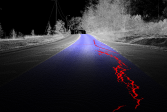 Point cloud image showing cracks in the road marked in red