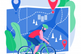 piirretty kuva pyöräilijästä ja kartasta