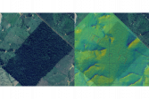 Vänster: En geoglyf synlig på satellitbilden i en röjd skogsglänta. Höger: Geoglyfer som framträder i en lutningsskuggad ytmodell framställd från ett laserpunktsmoln från samma område.