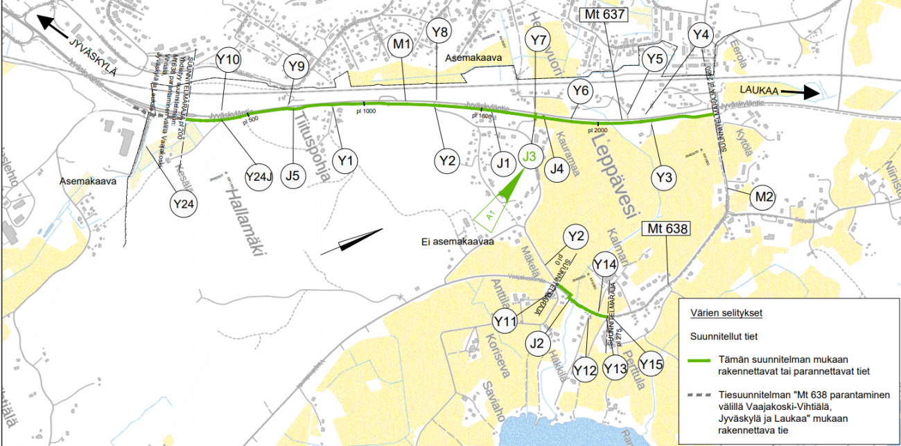 Maantietoimitus, Maantien 637 (Jyväskyläntie) jalankulku- ja pyöräilyväylä  välillä Tiituspohja-Leppävesi sekä maantien 638 (Vaajakoskentie)  jalankulku- ja pyöräilyväylä välillä Kauramaantie-Perttula, Laukaa |  Maanmittauslaitos