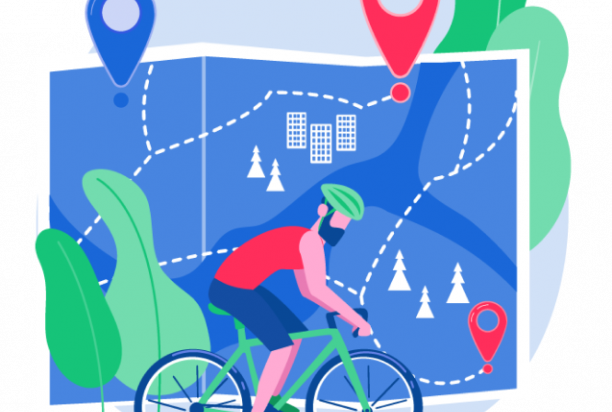 piirretty kuva pyöräilijästä ja kartasta