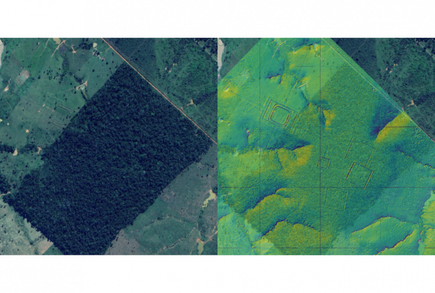 Vasen: Satelliittikuvasta näkyvä geoglyfi raivatulla metsäaukealla. Oikea: Laserpistepilvestä tuotetusta rinnevarjostepintamallista erottuvat geoglyfit samalta alueelta.