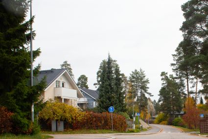 Omakotitaloja kadun varrella.
