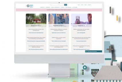 Koristekuva, joka kuvaa Maanmittauslaitoksen digipalveluita näyttämällä maanmittauslaitos.fi etusivua tietokoneen näytöllä